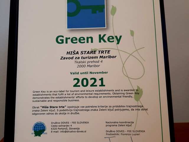Hiša Stare trte prejela trajnostni certifikat Zeleni ključ!